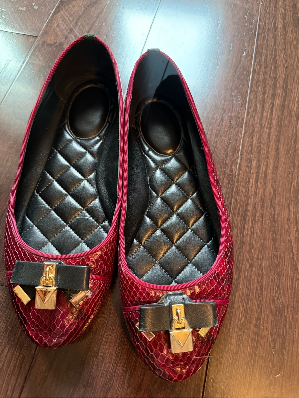 Michael Kors Burgundy Quilted Snake-Embossed Ballet Flats with Gold Accent